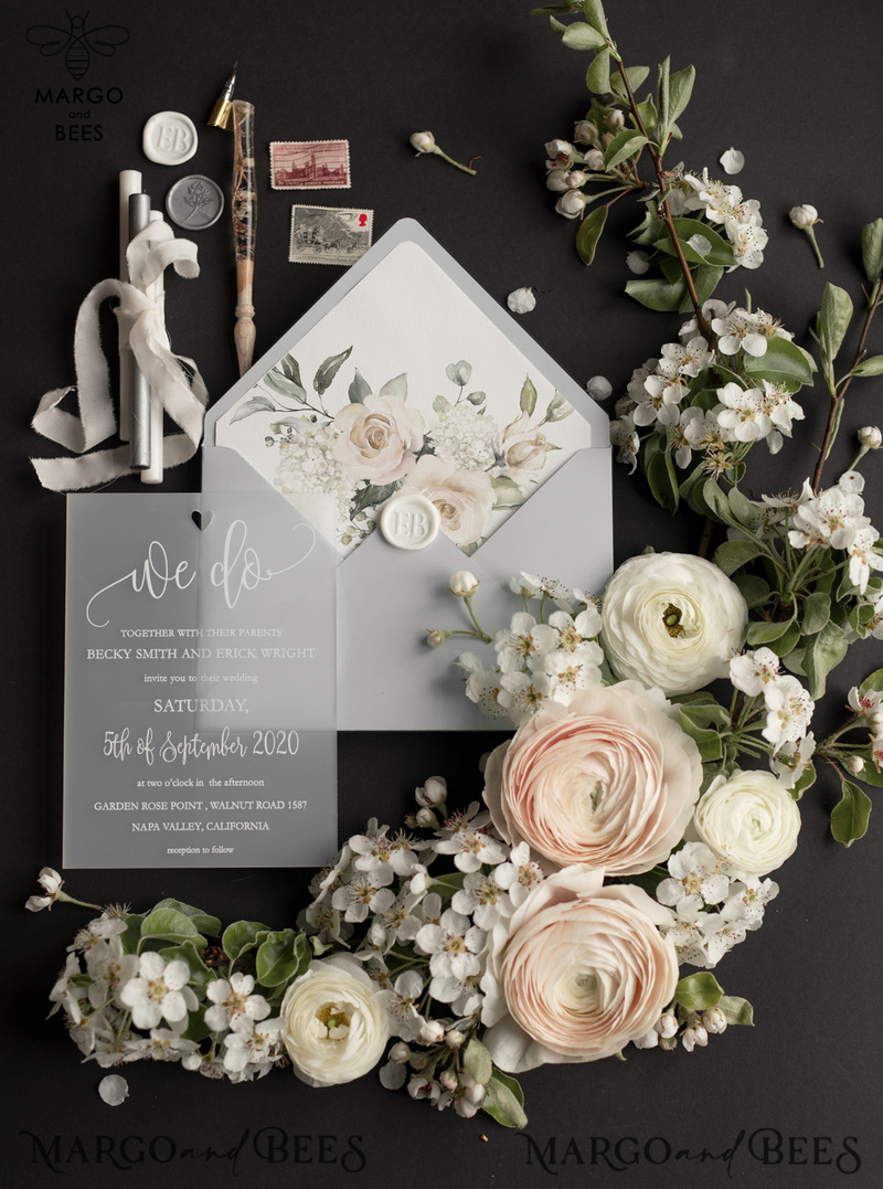  Luxury Frozen Acrylic Plexi Wedding Invitations With Engraved Heart, Romantic Floral Wedding Invites, Elegant Light Grey Wedding Cards, Bespoke Vellum Wedding Stationery-2