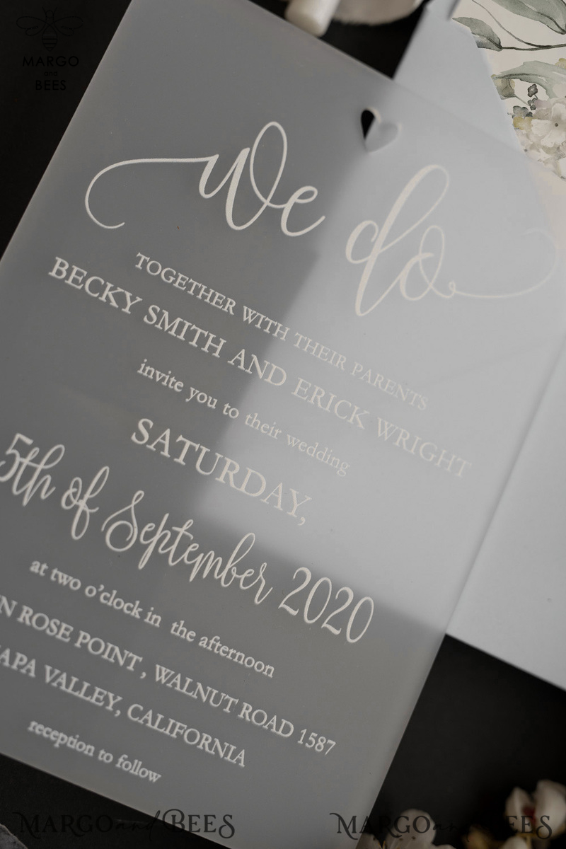  Luxury Frozen Acrylic Plexi Wedding Invitations With Engraved Heart, Romantic Floral Wedding Invites, Elegant Light Grey Wedding Cards, Bespoke Vellum Wedding Stationery-4