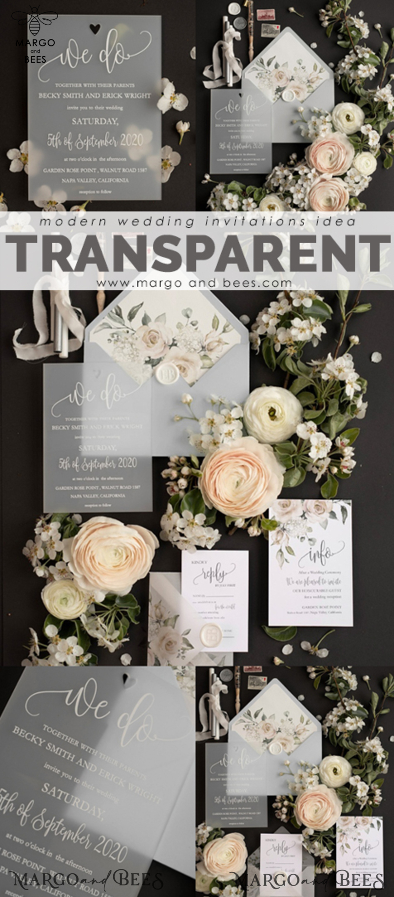 Elegant wedding invitation transparent acrylic We Do design with flowers-6