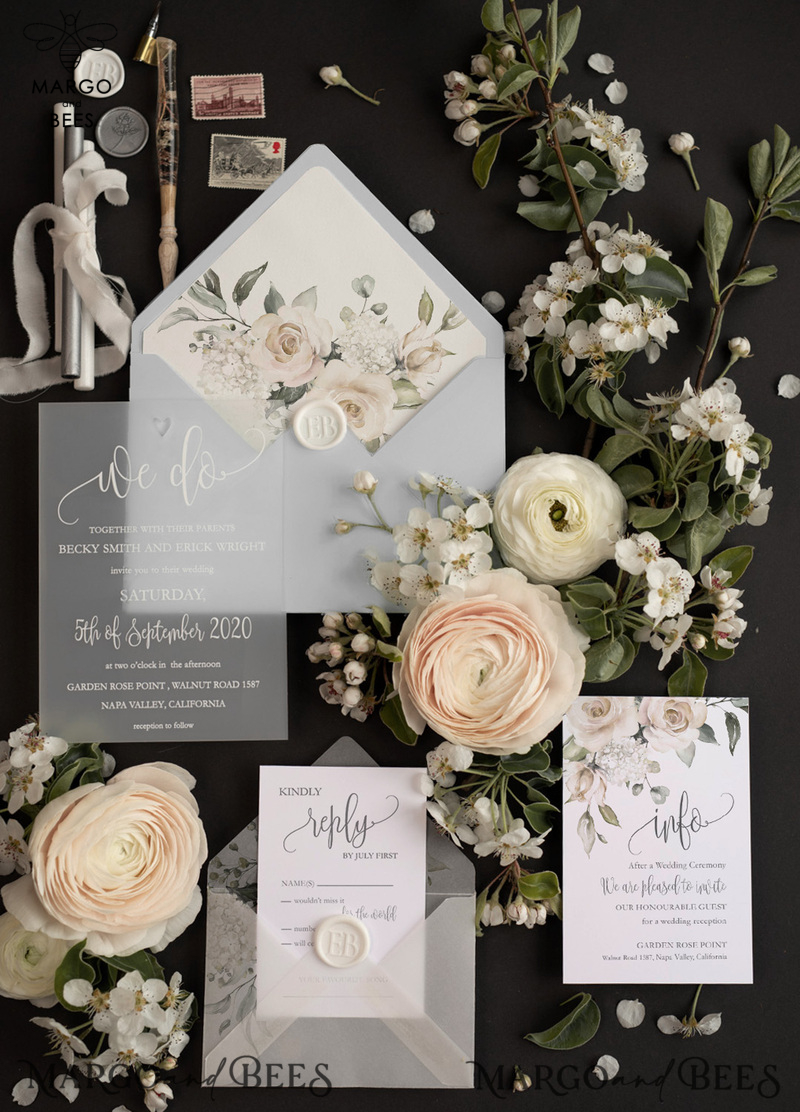  Luxury Frozen Acrylic Plexi Wedding Invitations With Engraved Heart, Romantic Floral Wedding Invites, Elegant Light Grey Wedding Cards, Bespoke Vellum Wedding Stationery-0