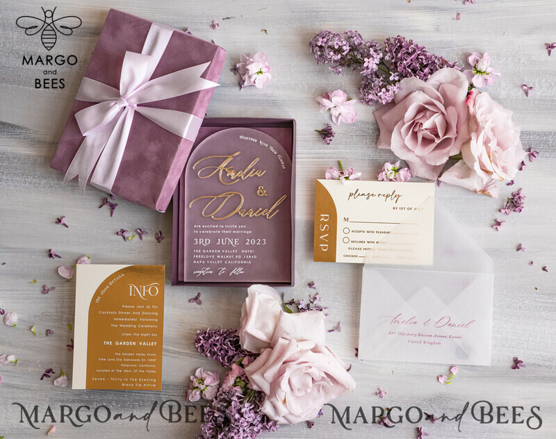  Luxury Mauve Velvet Box Wedding Invitations, Elegant Acrylic Wedding Invites With Gold Bow, Glamour Golden Shine Wedding Cards, Handmade Wedding Stationery-1