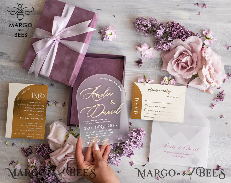  Luxury Mauve Velvet Box Wedding Invitations, Elegant Acrylic Wedding Invites With Gold Bow, Glamour Golden Shine Wedding Cards, Handmade Wedding Stationery-4