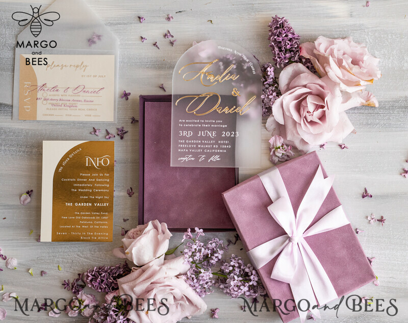  Luxury Mauve Velvet Box Wedding Invitations, Elegant Acrylic Wedding Invites With Gold Bow, Glamour Golden Shine Wedding Cards, Handmade Wedding Stationery-5