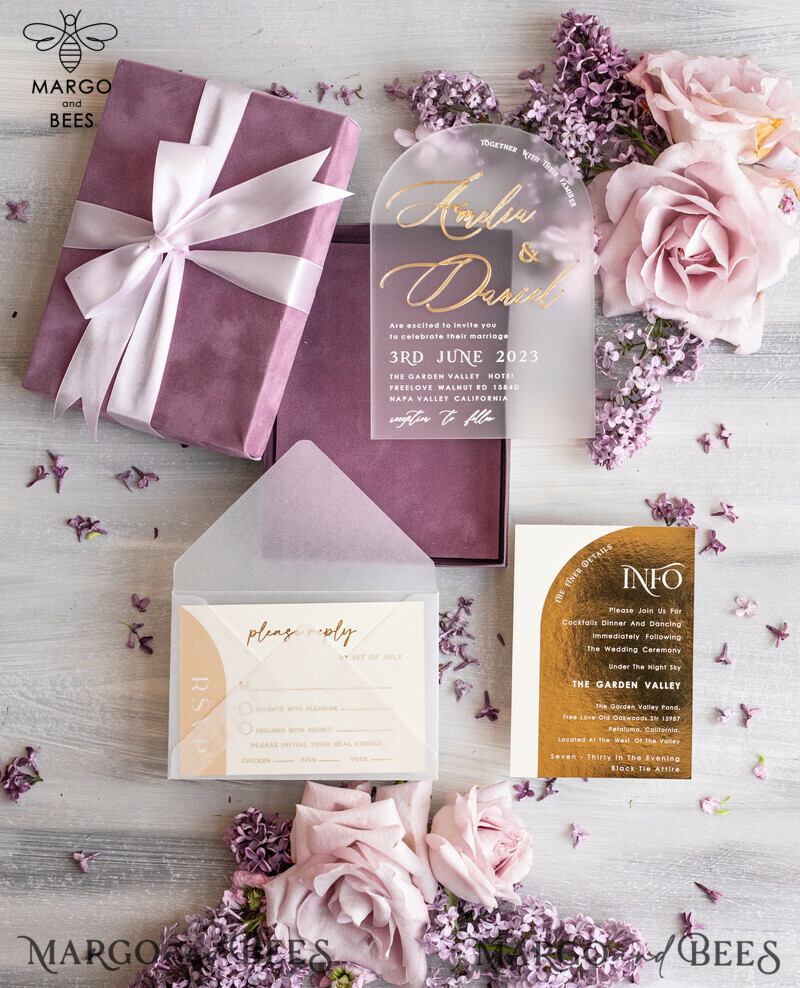  Luxury Mauve Velvet Box Wedding Invitations, Elegant Acrylic Wedding Invites With Gold Bow, Glamour Golden Shine Wedding Cards, Handmade Wedding Stationery-0