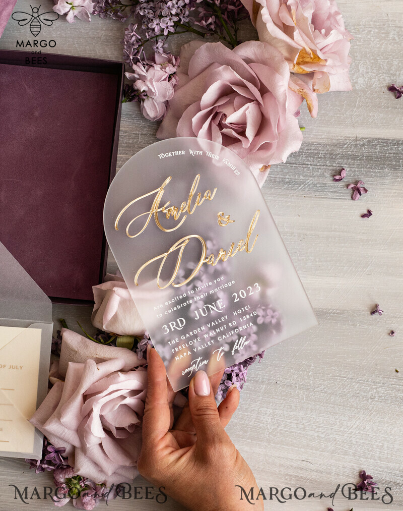  Luxury Mauve Velvet Box Wedding Invitations, Elegant Acrylic Wedding Invites With Gold Bow, Glamour Golden Shine Wedding Cards, Handmade Wedding Stationery-9
