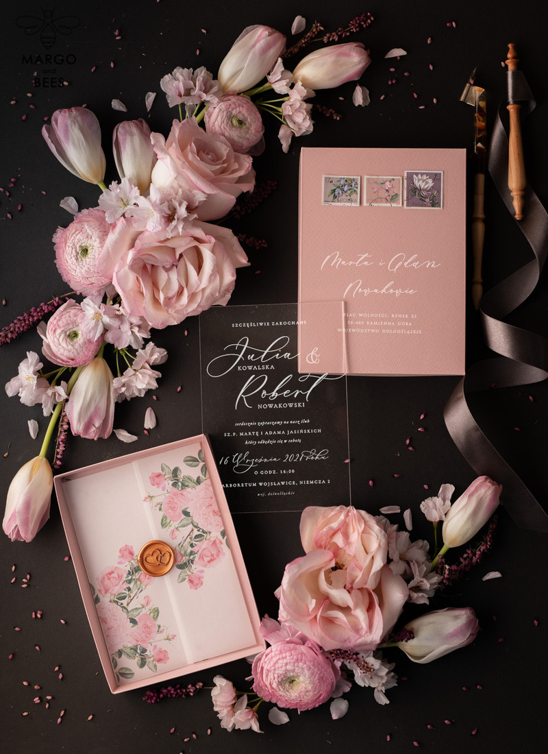Stylish wedding invitation elegant classic perspex invites with vellum and spring flowers-10