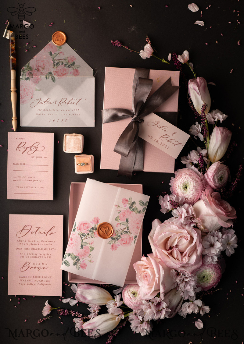 Romantic Blush Pink Box Wedding Invitations, Elegant Acrylic Plexi Wedding Invites, Bespoke Floral Wedding Cards, Handmade Vellum Wedding Invitation Suite-3