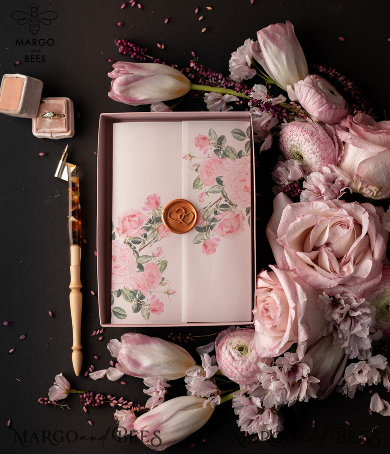 Romantic Blush Pink Box Wedding Invitations, Elegant Acrylic Plexi Wedding Invites, Bespoke Floral Wedding Cards, Handmade Vellum Wedding Invitation Suite-4