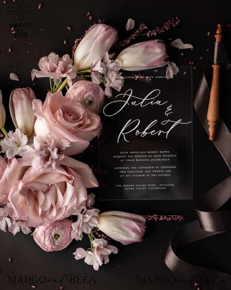Romantic Blush Pink Box Wedding Invitations, Elegant Acrylic Plexi Wedding Invites, Bespoke Floral Wedding Cards, Handmade Vellum Wedding Invitation Suite-1