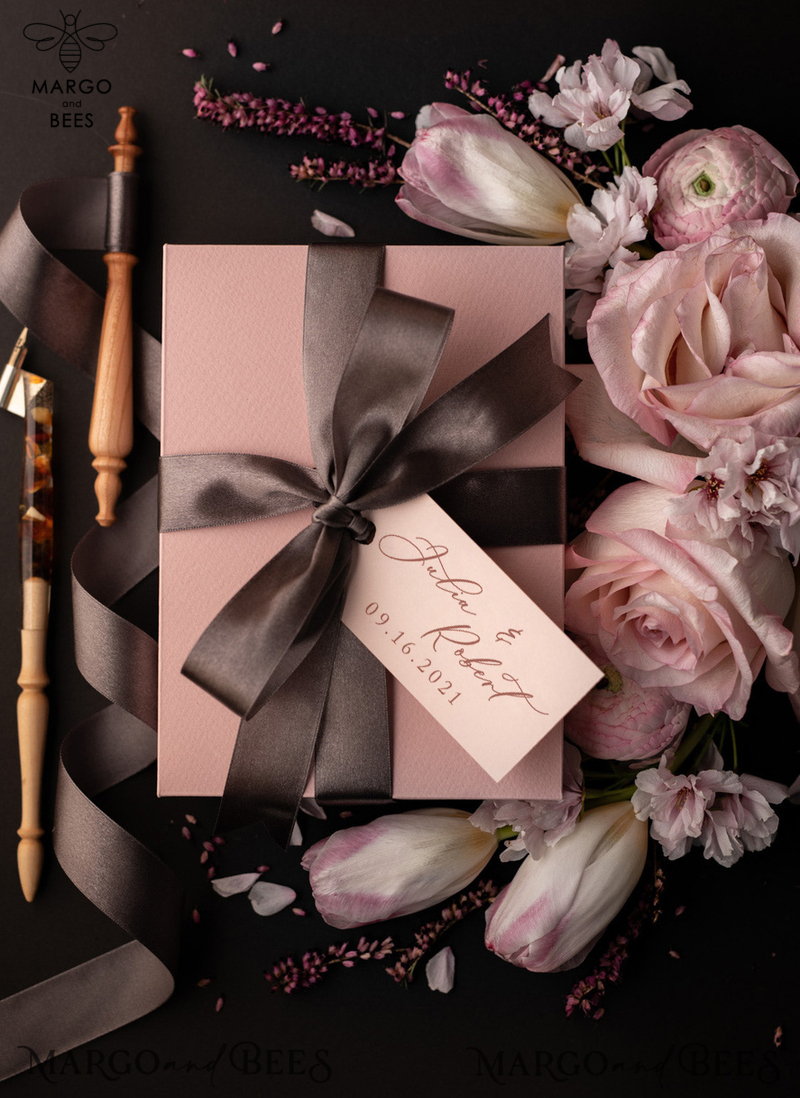 Romantic Blush Pink Box Wedding Invitations, Elegant Acrylic Plexi Wedding Invites, Bespoke Floral Wedding Cards, Handmade Vellum Wedding Invitation Suite-6