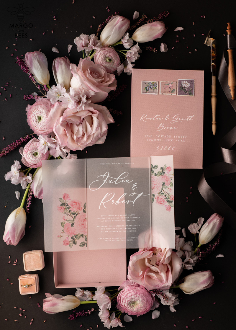 Stylish wedding invitation elegant classic perspex invites with vellum and spring flowers-8