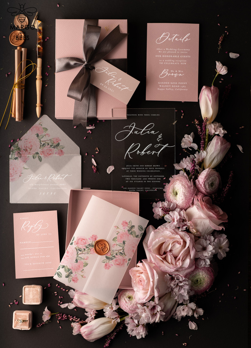 Stylish wedding invitation elegant classic perspex invites with vellum and spring flowers-0