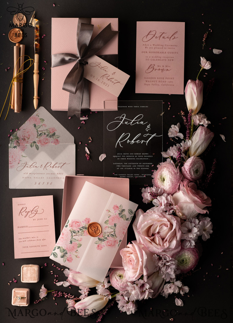 Romantic Blush Pink Box Wedding Invitations, Elegant Acrylic Plexi Wedding Invites, Bespoke Floral Wedding Cards, Handmade Vellum Wedding Invitation Suite-0