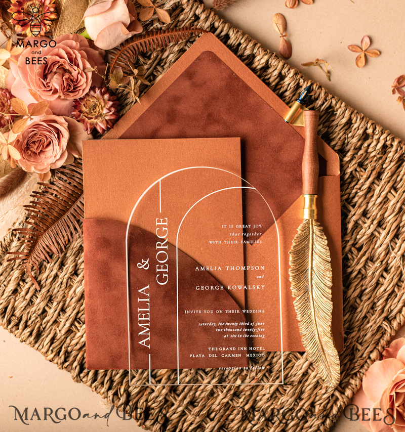 Arch Acrylic wedding invitations card, Fall elegant Velvet wedding invitations • Terracotta Romantic Wedding Invites • Velvet Copper wedding Stationery-1