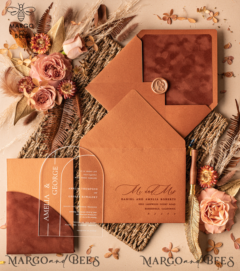 Arch Acrylic wedding invitations card, Fall elegant Velvet wedding invitations • Terracotta Romantic Wedding Invites • Velvet Copper wedding Stationery-4