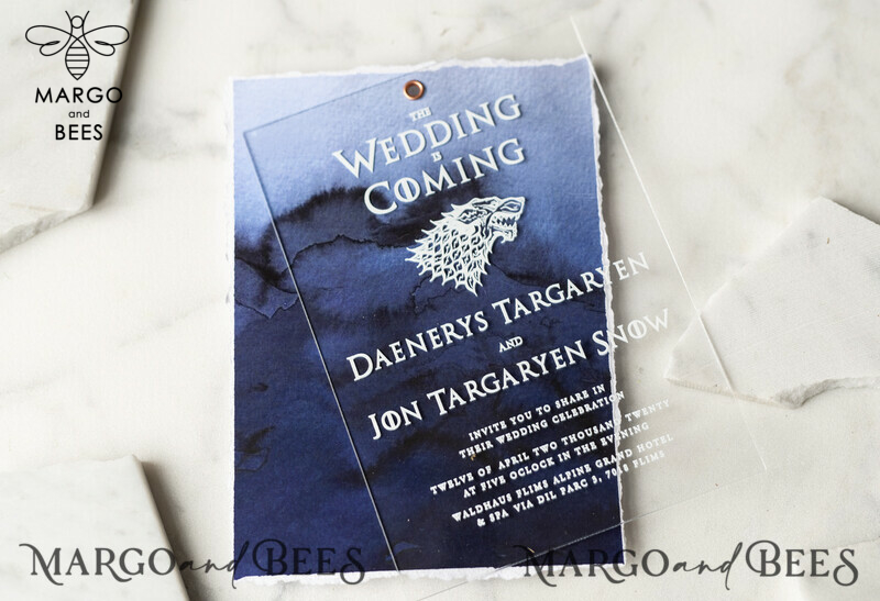 Luxury Acrylic Plexi Wedding Invitations, Elegant Royal Navy Wedding Invites, Bespoke Watercolor Wedding Cards, Game Of Thrones Wedding Stationery-1