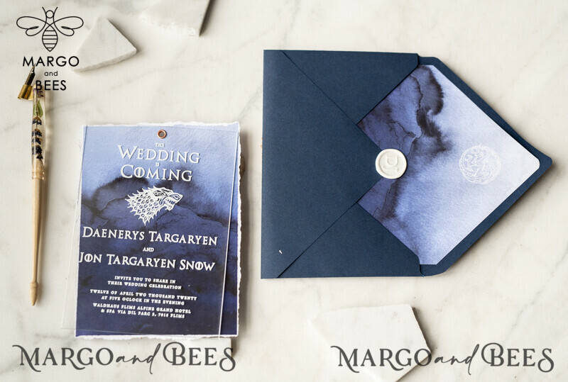 Luxury Acrylic Plexi Wedding Invitations, Elegant Royal Navy Wedding Invites, Bespoke Watercolor Wedding Cards, Game Of Thrones Wedding Stationery-11