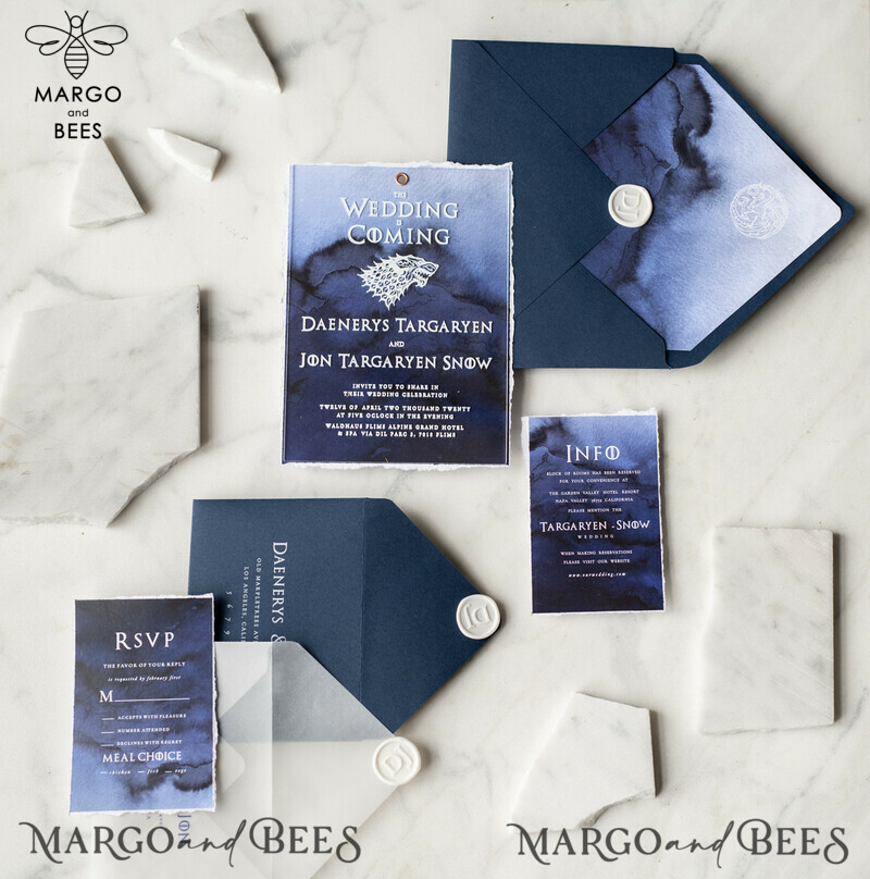 Luxury Acrylic Plexi Wedding Invitations, Elegant Royal Navy Wedding Invites, Bespoke Watercolor Wedding Cards, Game Of Thrones Wedding Stationery-12