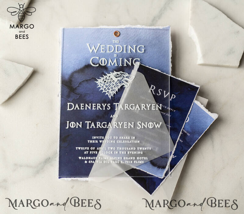 Luxury Acrylic Plexi Wedding Invitations, Elegant Royal Navy Wedding Invites, Bespoke Watercolor Wedding Cards, Game Of Thrones Wedding Stationery-13