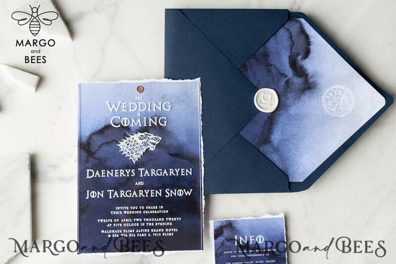 Luxury Acrylic Plexi Wedding Invitations, Elegant Royal Navy Wedding Invites, Bespoke Watercolor Wedding Cards, Game Of Thrones Wedding Stationery-15