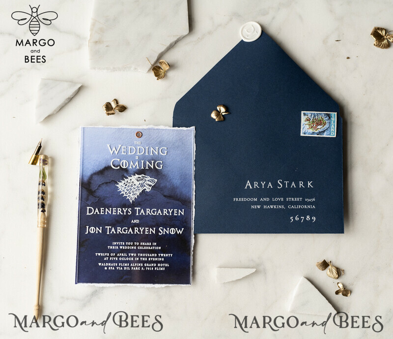 Luxury Acrylic Plexi Wedding Invitations, Elegant Royal Navy Wedding Invites, Bespoke Watercolor Wedding Cards, Game Of Thrones Wedding Stationery-17
