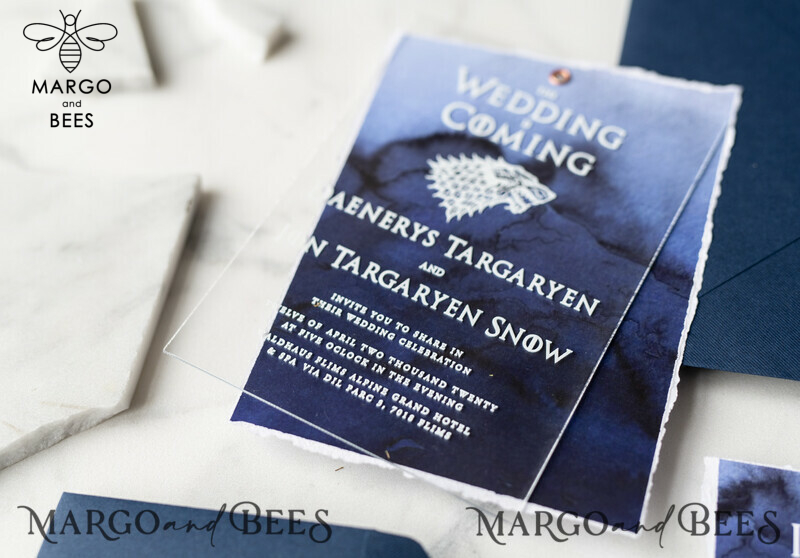 Luxury Acrylic Plexi Wedding Invitations, Elegant Royal Navy Wedding Invites, Bespoke Watercolor Wedding Cards, Game Of Thrones Wedding Stationery-18
