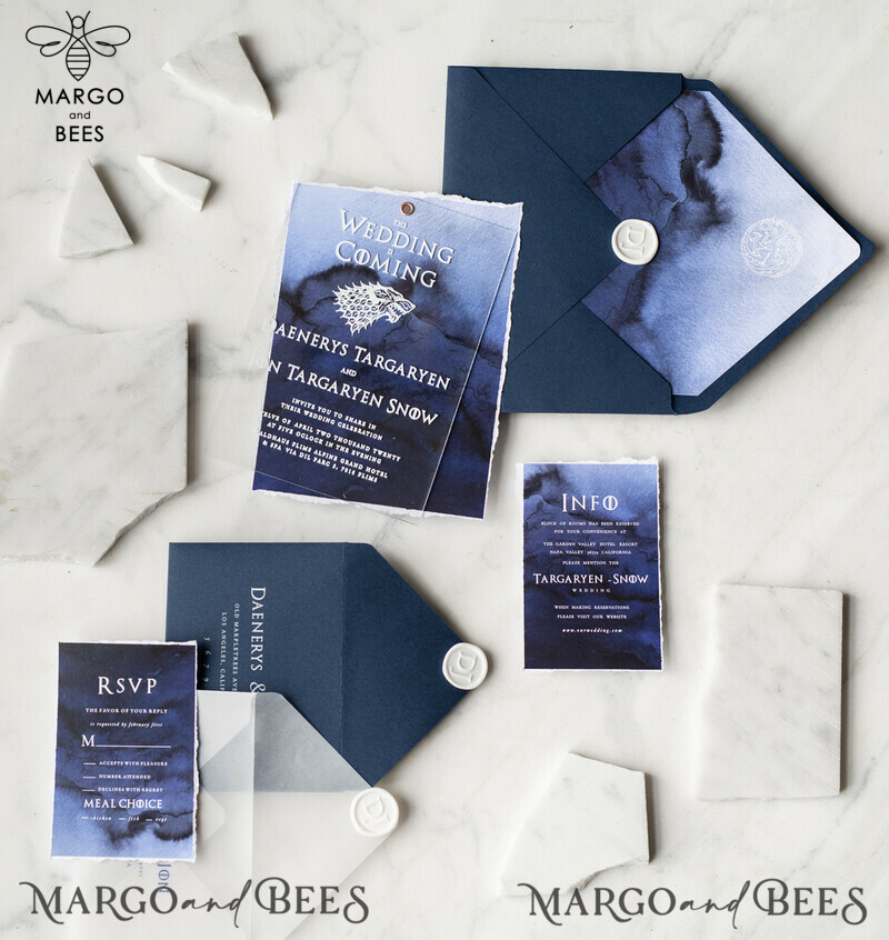 Luxury Acrylic Plexi Wedding Invitations, Elegant Royal Navy Wedding Invites, Bespoke Watercolor Wedding Cards, Game Of Thrones Wedding Stationery-19