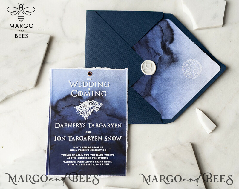 Luxury Acrylic Plexi Wedding Invitations, Elegant Royal Navy Wedding Invites, Bespoke Watercolor Wedding Cards, Game Of Thrones Wedding Stationery-2