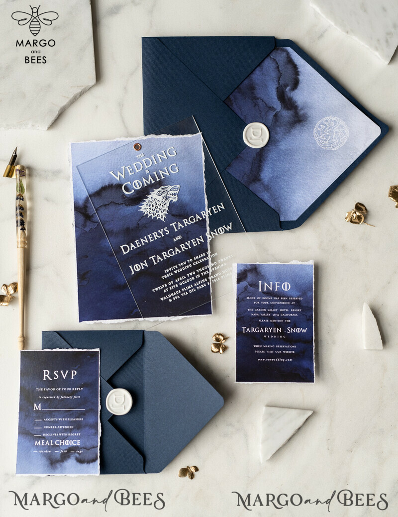 Luxury Acrylic Plexi Wedding Invitations, Elegant Royal Navy Wedding Invites, Bespoke Watercolor Wedding Cards, Game Of Thrones Wedding Stationery-20