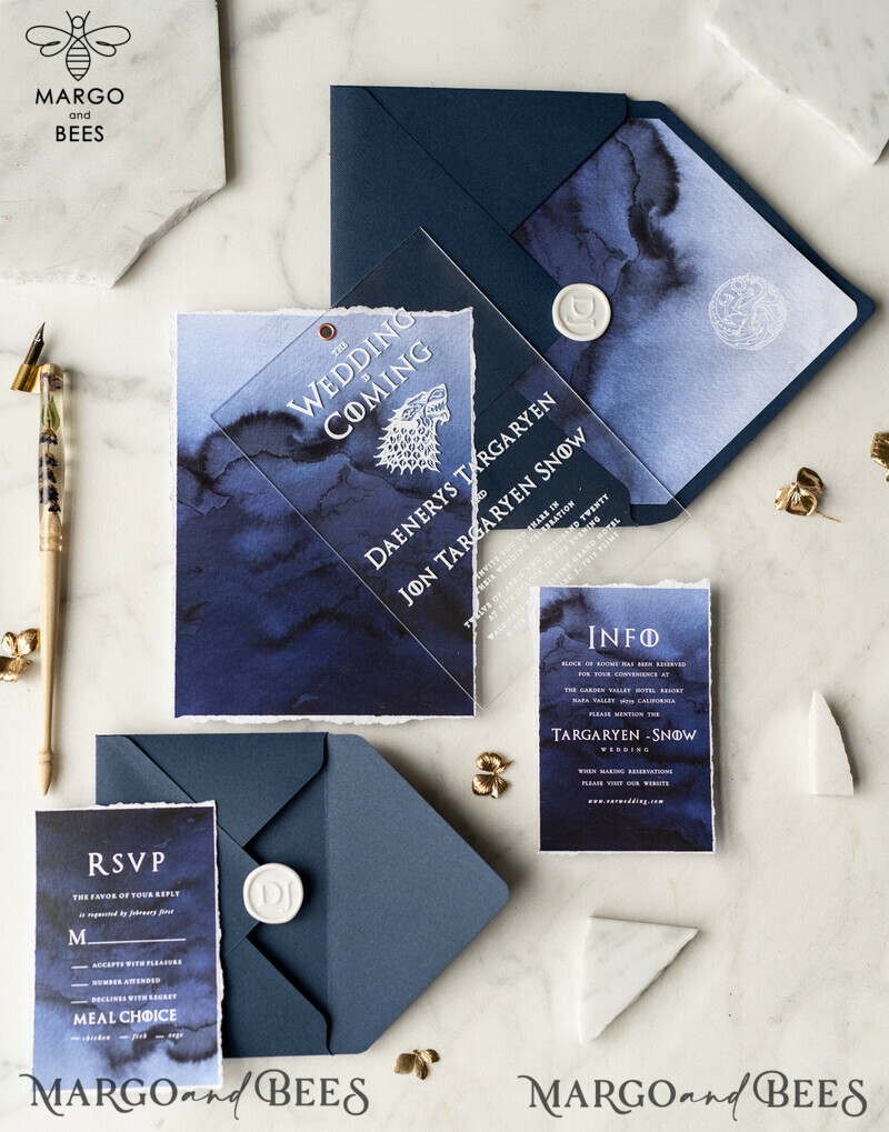 Luxury Acrylic Plexi Wedding Invitations, Elegant Royal Navy Wedding Invites, Bespoke Watercolor Wedding Cards, Game Of Thrones Wedding Stationery-25