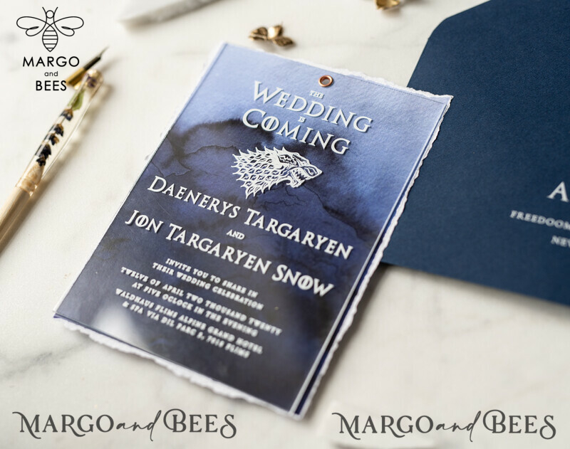 Luxury Acrylic Plexi Wedding Invitations, Elegant Royal Navy Wedding Invites, Bespoke Watercolor Wedding Cards, Game Of Thrones Wedding Stationery-27