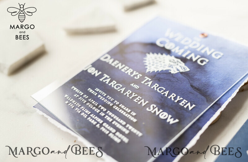 Luxury Acrylic Plexi Wedding Invitations, Elegant Royal Navy Wedding Invites, Bespoke Watercolor Wedding Cards, Game Of Thrones Wedding Stationery-28