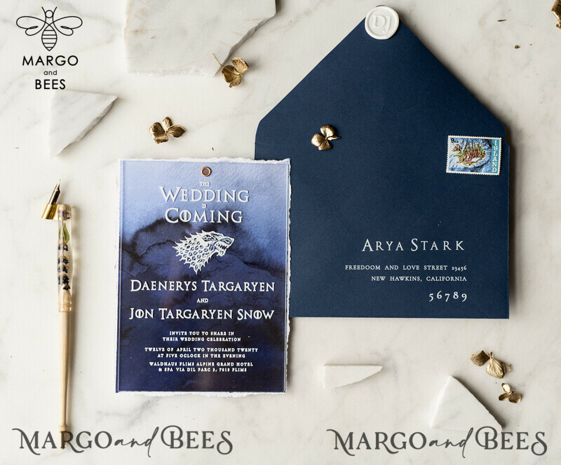Luxury Acrylic Plexi Wedding Invitations, Elegant Royal Navy Wedding Invites, Bespoke Watercolor Wedding Cards, Game Of Thrones Wedding Stationery-29