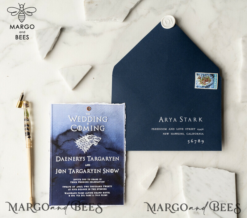 Luxury Acrylic Plexi Wedding Invitations, Elegant Royal Navy Wedding Invites, Bespoke Watercolor Wedding Cards, Game Of Thrones Wedding Stationery-31