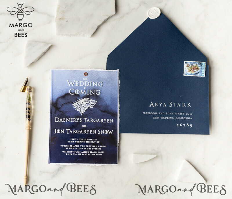 Luxury Acrylic Plexi Wedding Invitations, Elegant Royal Navy Wedding Invites, Bespoke Watercolor Wedding Cards, Game Of Thrones Wedding Stationery-32