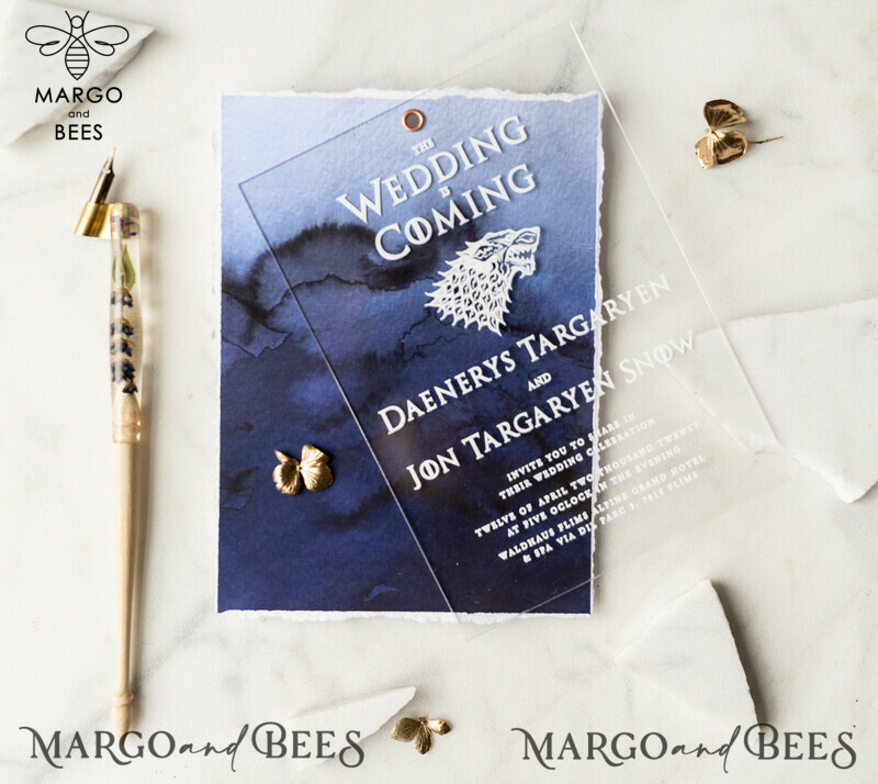 Luxury Acrylic Plexi Wedding Invitations, Elegant Royal Navy Wedding Invites, Bespoke Watercolor Wedding Cards, Game Of Thrones Wedding Stationery-34