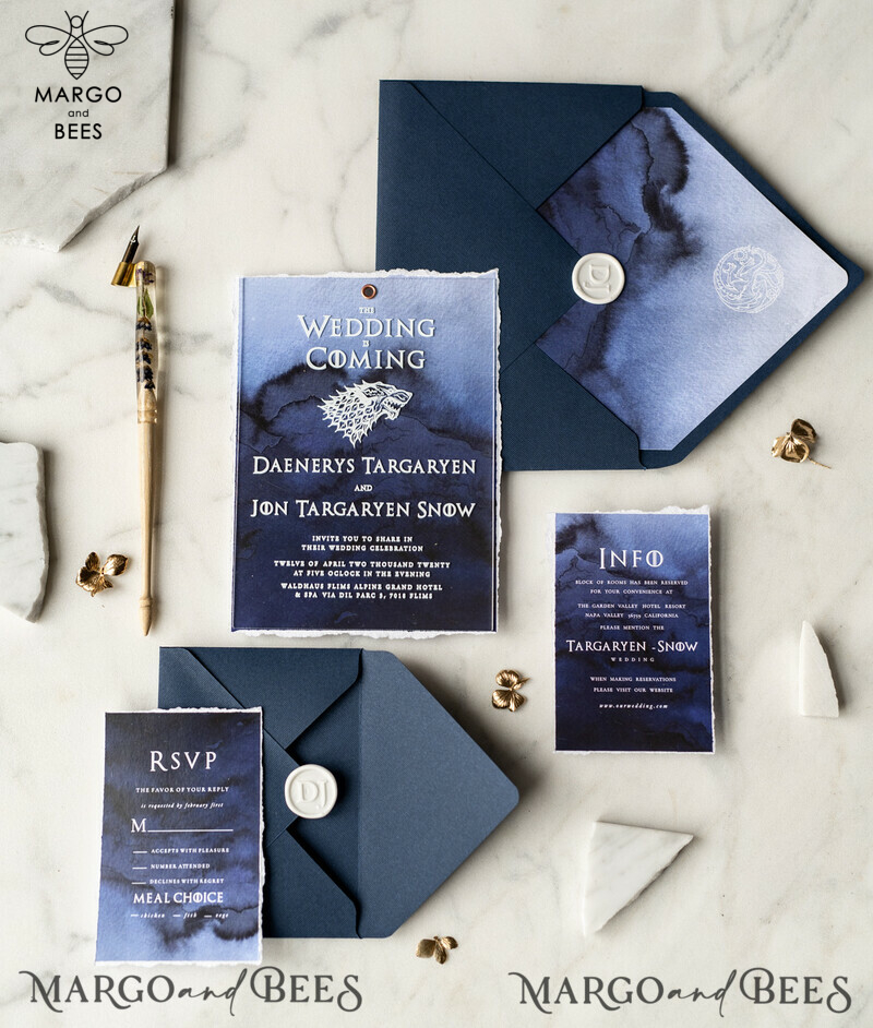 Luxury Acrylic Plexi Wedding Invitations, Elegant Royal Navy Wedding Invites, Bespoke Watercolor Wedding Cards, Game Of Thrones Wedding Stationery-35
