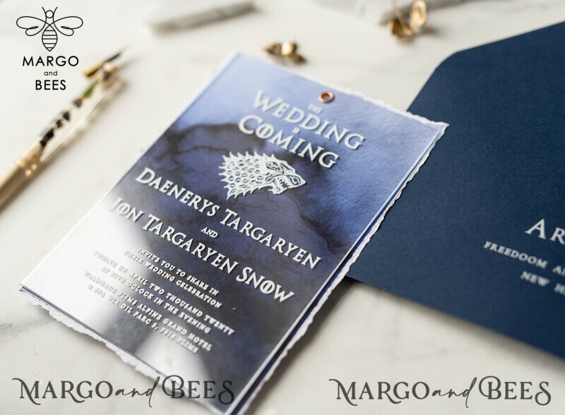 Luxury Acrylic Plexi Wedding Invitations, Elegant Royal Navy Wedding Invites, Bespoke Watercolor Wedding Cards, Game Of Thrones Wedding Stationery-36