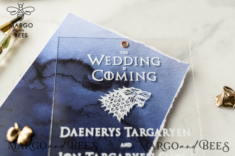Luxury Acrylic Plexi Wedding Invitations, Elegant Royal Navy Wedding Invites, Bespoke Watercolor Wedding Cards, Game Of Thrones Wedding Stationery-39