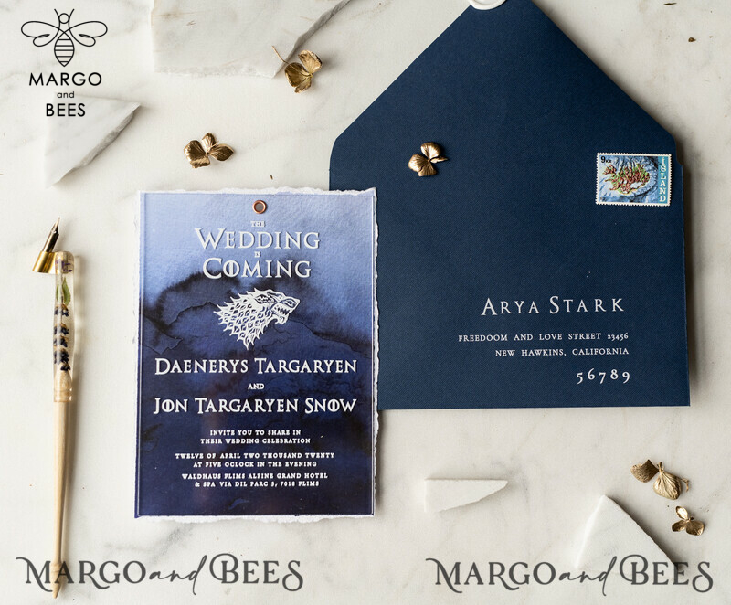 Luxury Acrylic Plexi Wedding Invitations, Elegant Royal Navy Wedding Invites, Bespoke Watercolor Wedding Cards, Game Of Thrones Wedding Stationery-4