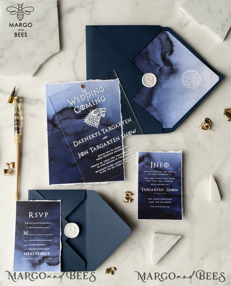 Luxury Acrylic Plexi Wedding Invitations, Elegant Royal Navy Wedding Invites, Bespoke Watercolor Wedding Cards, Game Of Thrones Wedding Stationery-40
