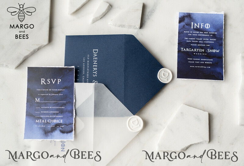 Luxury Acrylic Plexi Wedding Invitations, Elegant Royal Navy Wedding Invites, Bespoke Watercolor Wedding Cards, Game Of Thrones Wedding Stationery-5