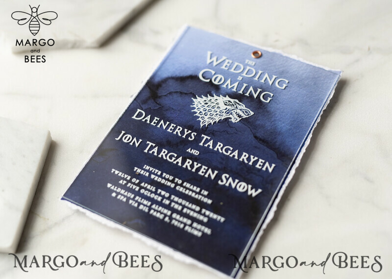 Luxury Acrylic Plexi Wedding Invitations, Elegant Royal Navy Wedding Invites, Bespoke Watercolor Wedding Cards, Game Of Thrones Wedding Stationery-7