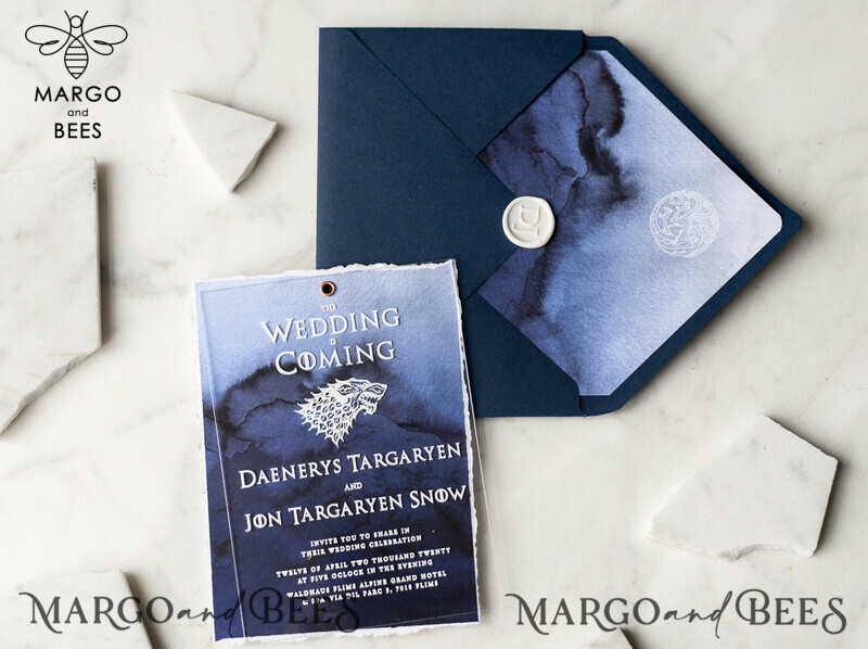 Luxury Acrylic Plexi Wedding Invitations, Elegant Royal Navy Wedding Invites, Bespoke Watercolor Wedding Cards, Game Of Thrones Wedding Stationery-9