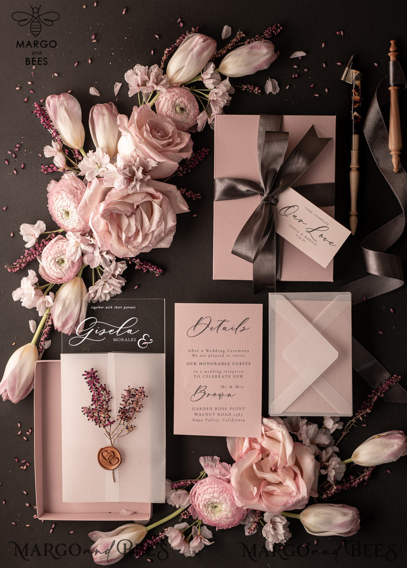Romantic Blush Pink Box Wedding Invitation Suite, Elegant Heather Wedding Invites, Luxury Acrylic Plexi Wedding Invitations, Glamour Vellum Wedding Cards-3