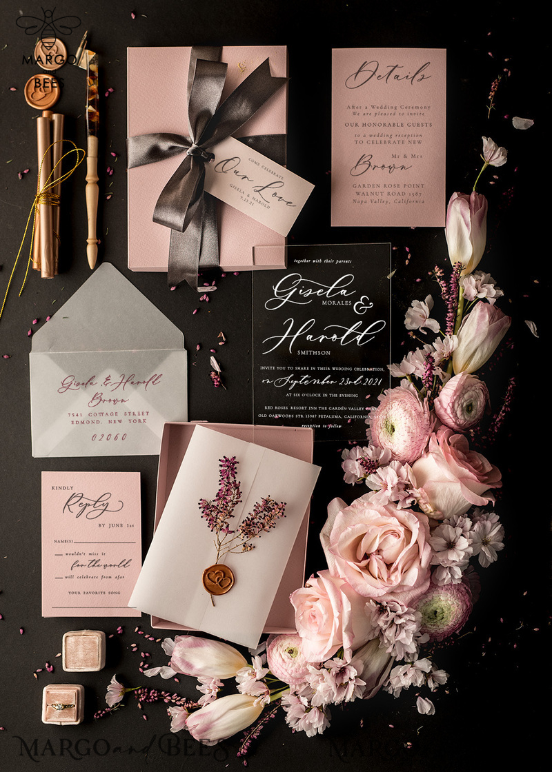 Romantic Blush Pink Box Wedding Invitation Suite, Elegant Heather Wedding Invites, Luxury Acrylic Plexi Wedding Invitations, Glamour Vellum Wedding Cards-0