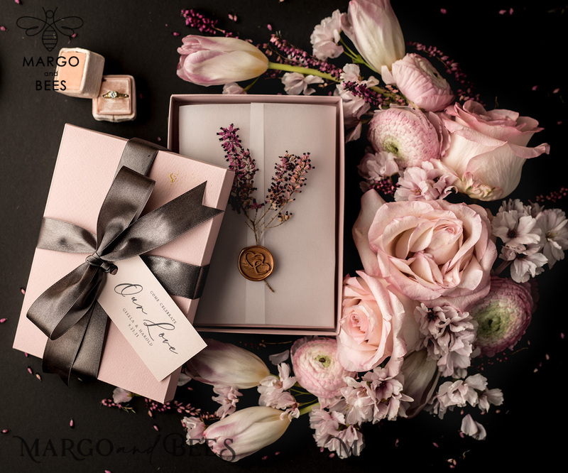 Romantic Blush Pink Box Wedding Invitation Suite, Elegant Heather Wedding Invites, Luxury Acrylic Plexi Wedding Invitations, Glamour Vellum Wedding Cards-7