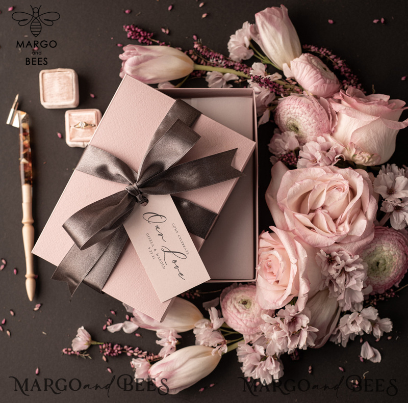 Romantic Blush Pink Box Wedding Invitation Suite, Elegant Heather Wedding Invites, Luxury Acrylic Plexi Wedding Invitations, Glamour Vellum Wedding Cards-6