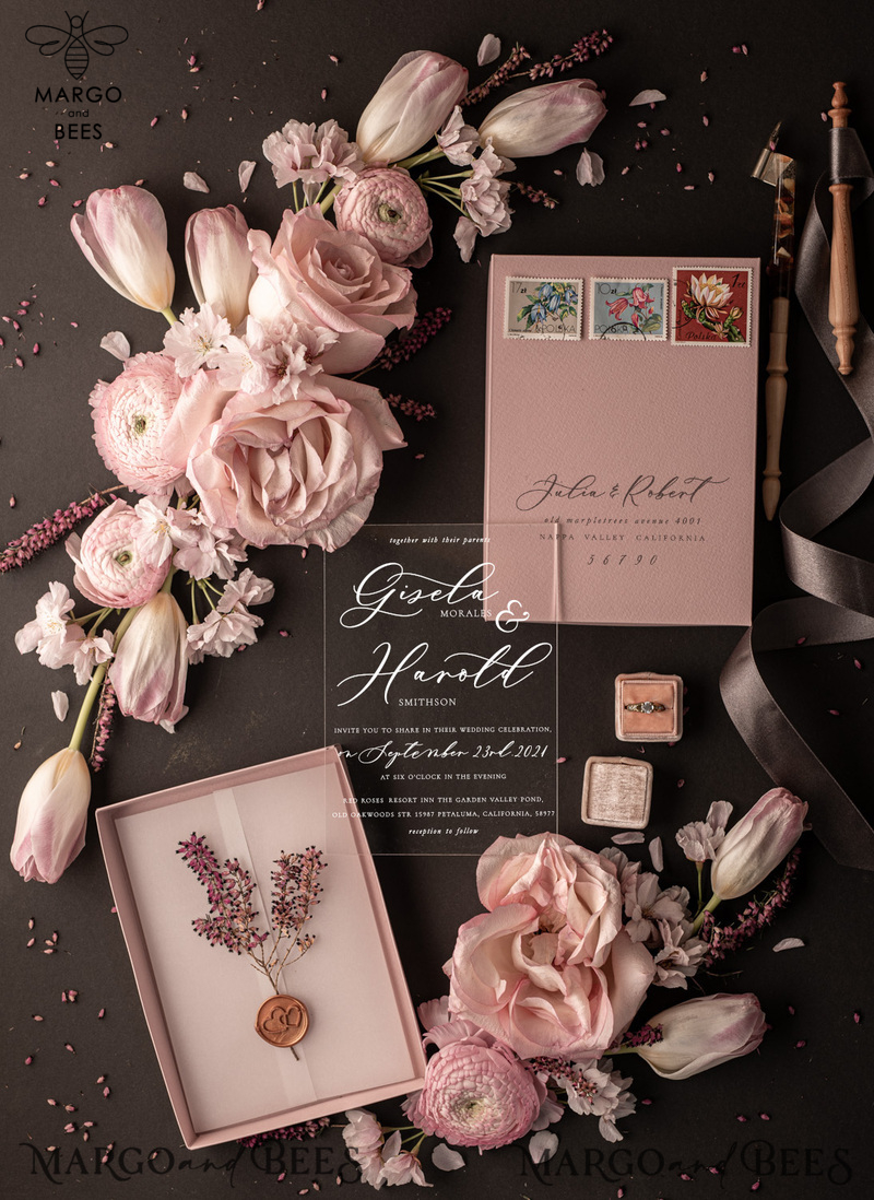 Romantic Blush Pink Box Wedding Invitation Suite, Elegant Heather Wedding Invites, Luxury Acrylic Plexi Wedding Invitations, Glamour Vellum Wedding Cards-4