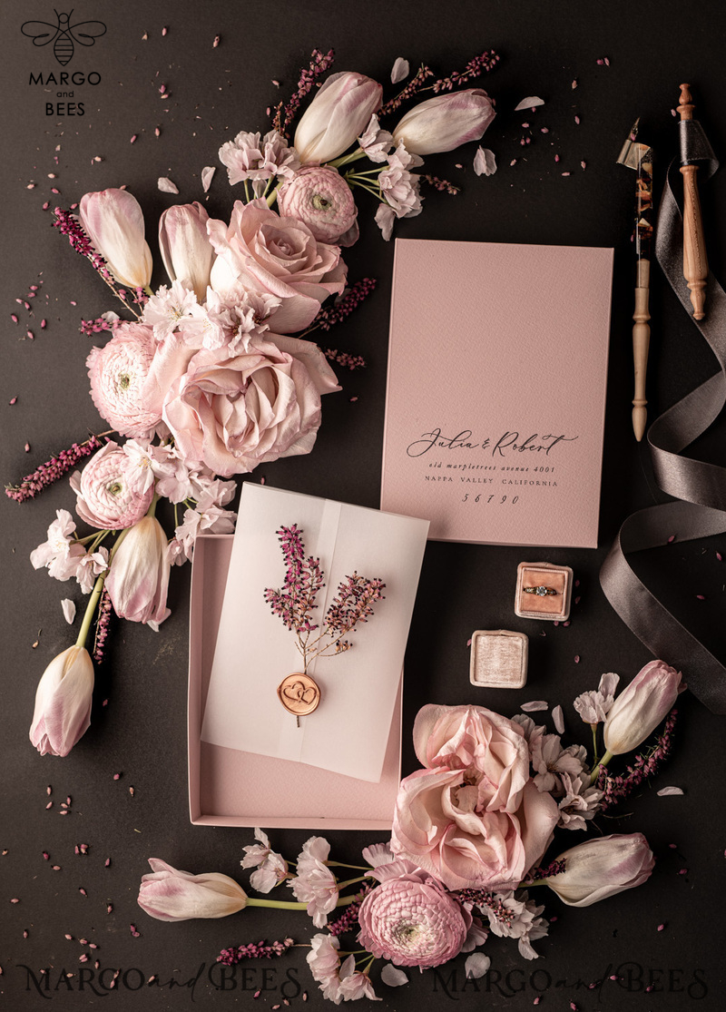 Romantic Blush Pink Box Wedding Invitation Suite, Elegant Heather Wedding Invites, Luxury Acrylic Plexi Wedding Invitations, Glamour Vellum Wedding Cards-14